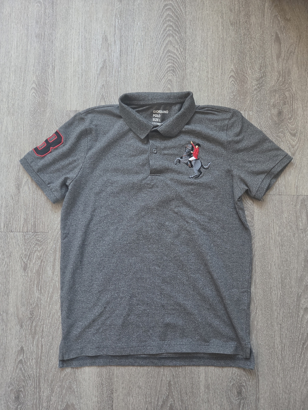 Giordano Polo Men’s Large Grey Tapered Fit Equestrian Logo Stretch Shirt